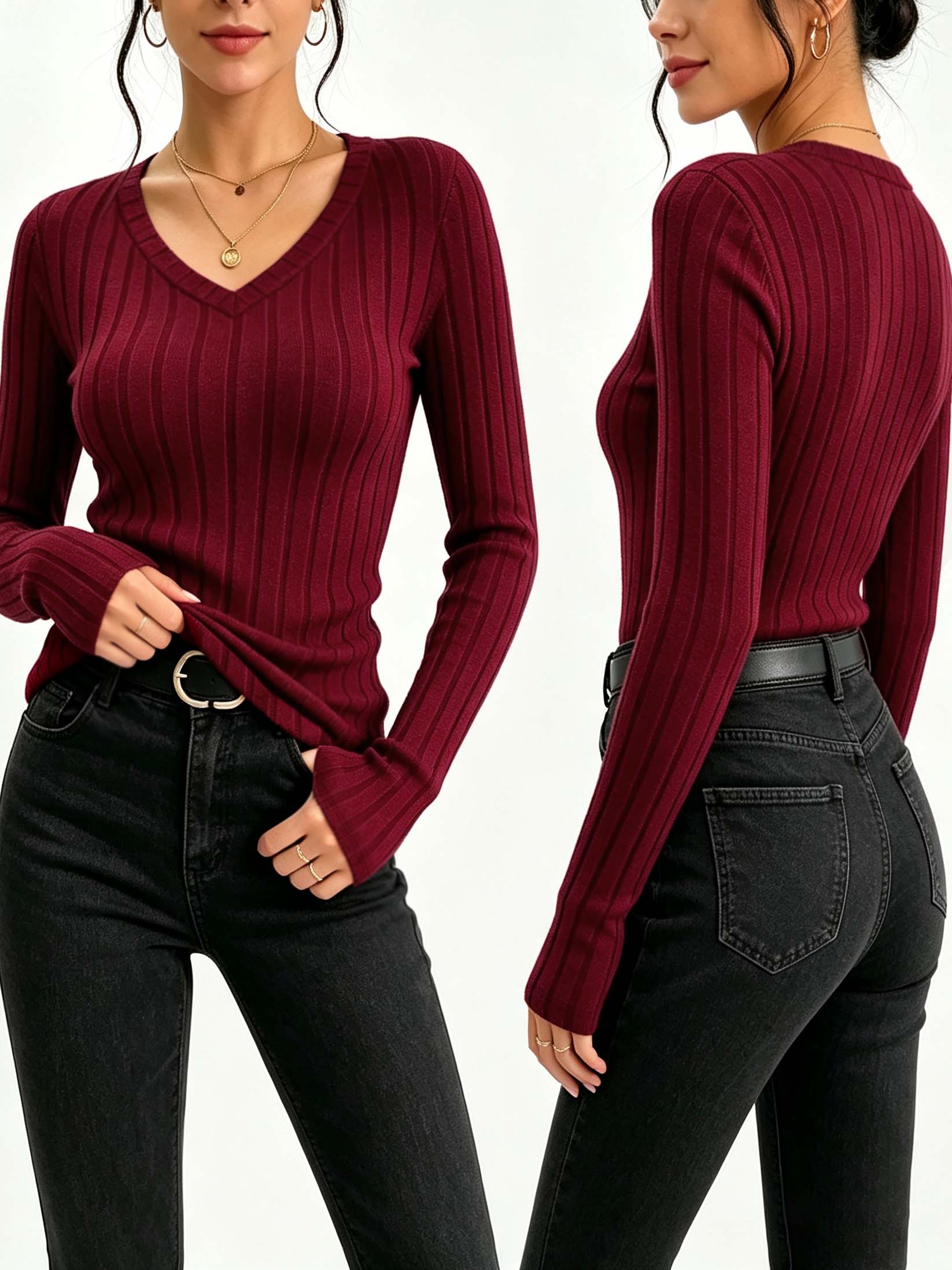Winter Clothing For Women - 여성용 솔리드 V넥 리브 니트 탑,