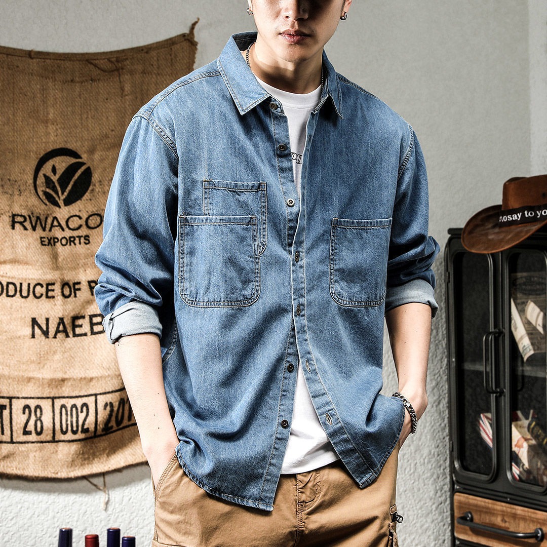 봄철 러피언 스타일 멋진 데님 툴링 긴팔 셔츠 남성용  - Winter Clothing Equipment 리뷰 및 가격
