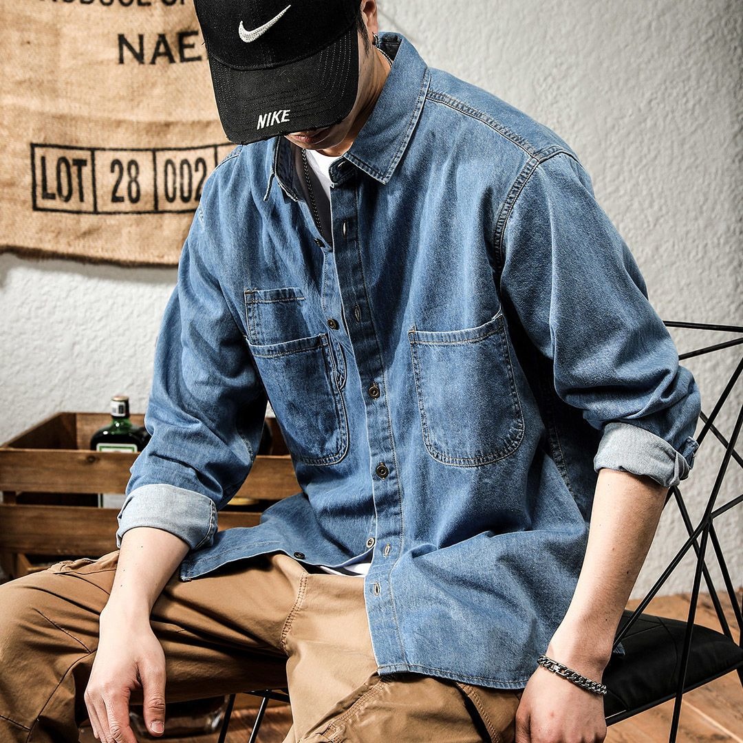 봄철 러피언 스타일 멋진 데님 툴링 긴팔 셔츠 남성용  - Winter Clothing Equipment 리뷰 및 가격