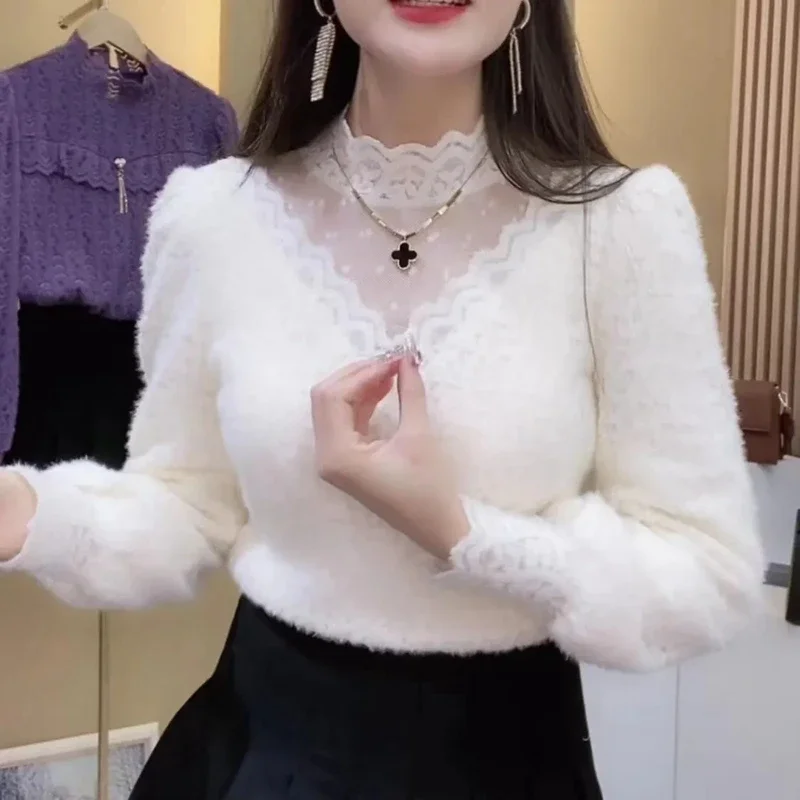 가을 겨울 레이스 탑 블라우스 여성 2024 우아한 패 - Winter Clothing Clearance 리뷰 및 가격